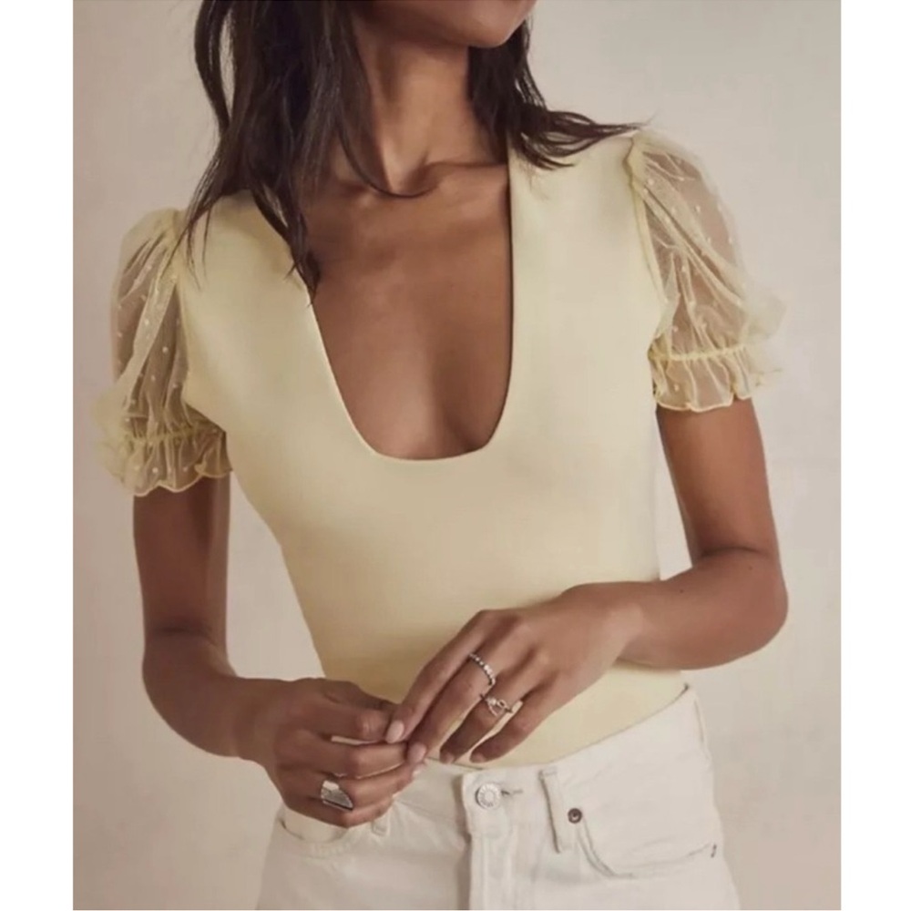 Intimately Free People Bare & Square Bodysuit Sheer Polka Dot Sleeves Ivory NWT - Picture 4 of 16